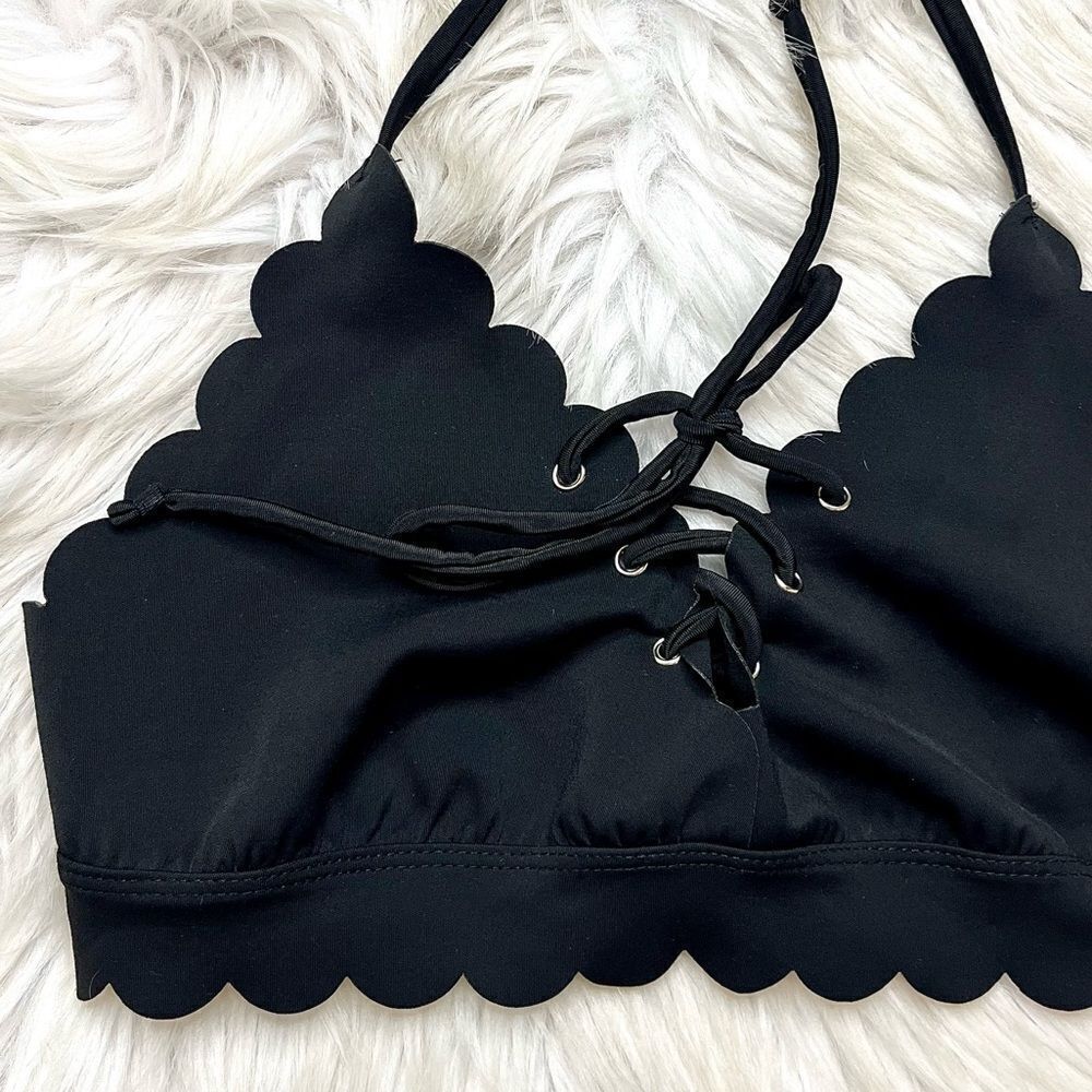 Black Scalloped Lace-Up Bikini Top